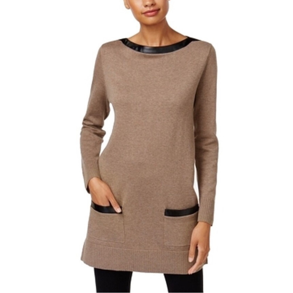 Jeanne Pierre Knit Tan Sheath Sweater Dress Cotton Business Casual Classic